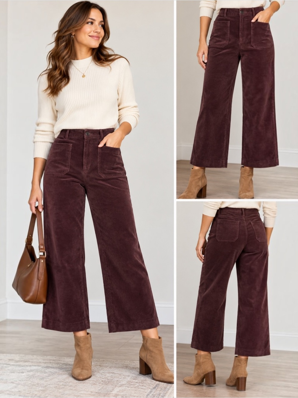 NWT LC Lauren Conrad Super High Rise Corduroy Wide Leg Crop Pants Plum 14